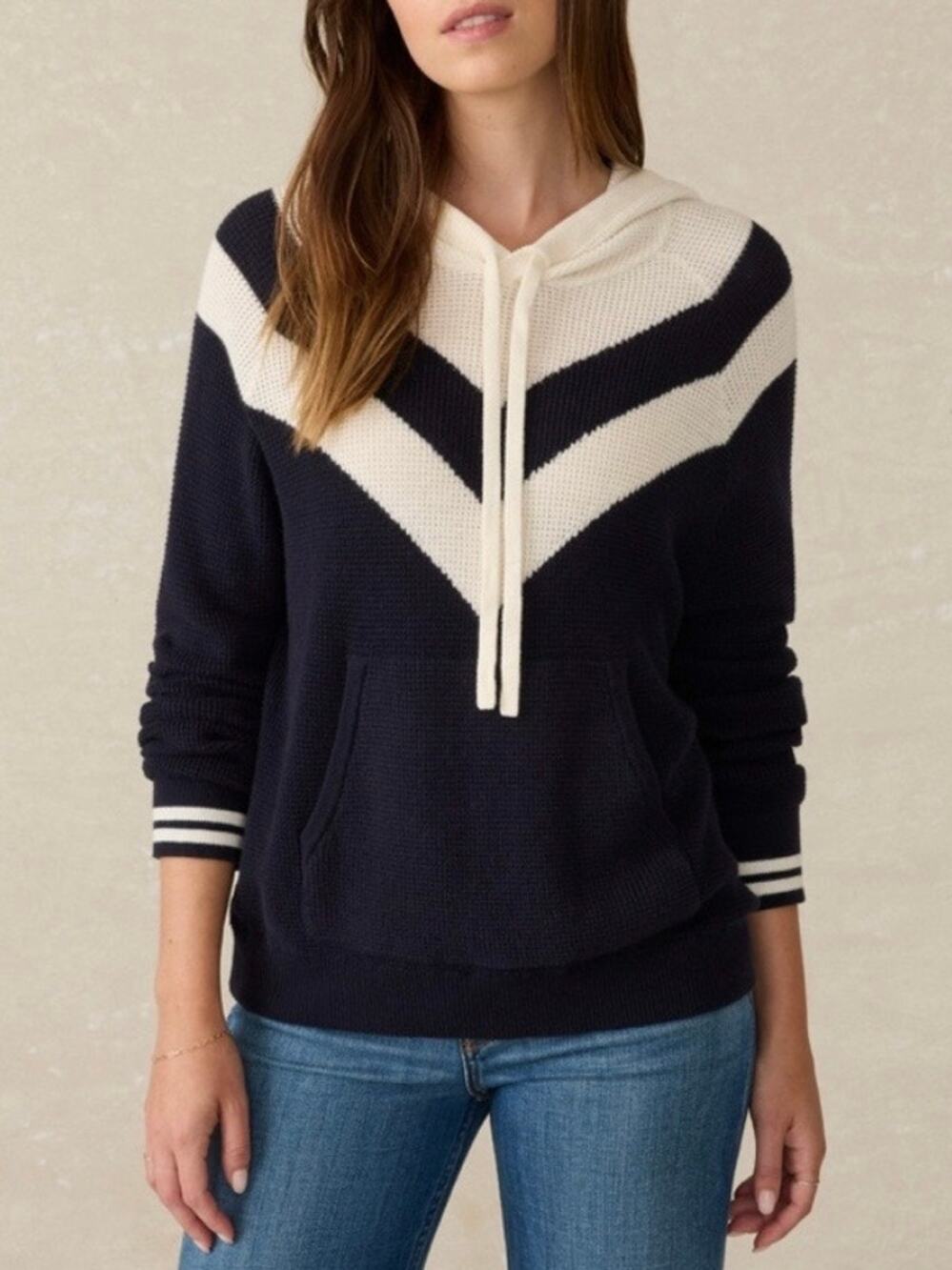 Faherty Throwback Waffle Knit Hoodie Size Medium Navy & White Coastal Nautical